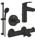 GROHE Eurosmart черен смесител за умивалник и смесител с чучур за душ/вана, закачалка, тръбно окачване и ръчен душ 233222433/333002433/261622433/1024602430