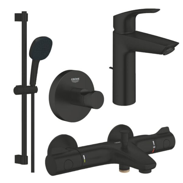 GROHE Eurosmart черен смесител за умивалник и смесител с чучур за душ/вана, закачалка, тръбно окачване и ръчен душ 233222433/333002433/261622433/1024602430
