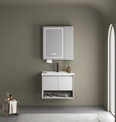 Комплект мебели за баня 60 см PVC шкаф с умивалник и горен шкаф с LED огледало Комплект мебели за баня 60 см PVC шкаф с умивалник и горен шкаф с LED огледало