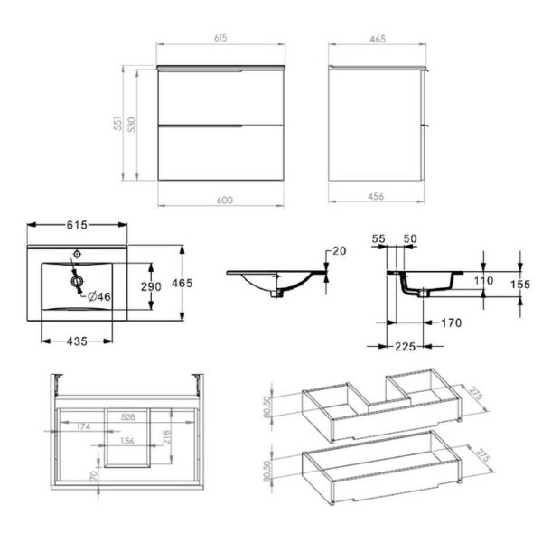 Долен шкаф Elegant plus с 2 чекмеджета и умивалник 600 mm, цвят нощно небе ROCA A852018538