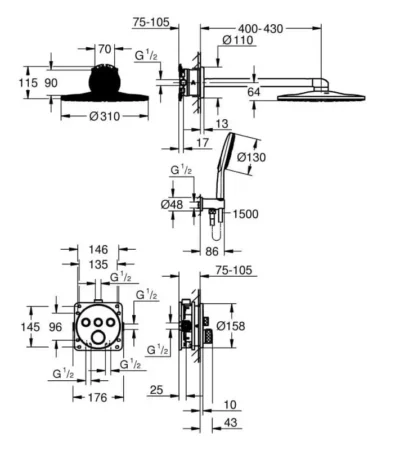 Душ за вграждане Grohtherm SmartControl с 3 извода GROHE Brushed cool sunrise 34863