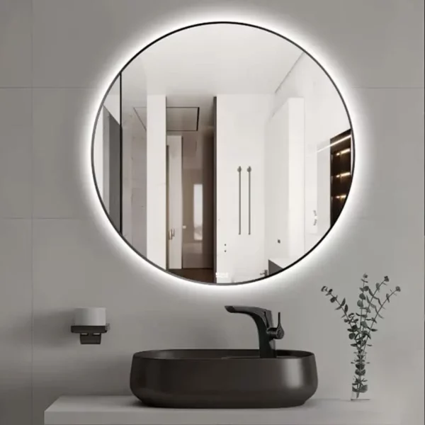 ROCA LUNA кръгло огледало с черна рамка и амбиентно LED осветление 80 см A81242600 -Онлайн промоция