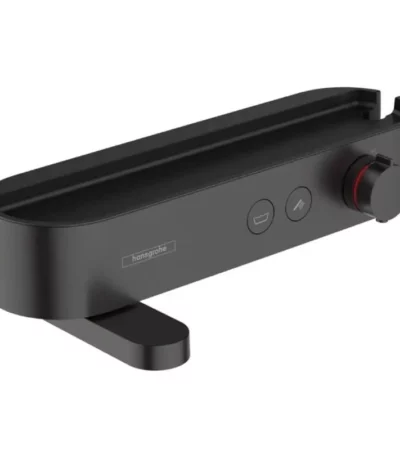 SHOWERTABLET Select 400 Термостатен смесител за душ и вана › въртящ се чучур за пълнене на вана › контрол на температурата и дебита от едно копче › превключване между функциите (ръчен душ / вана) чрез бутони Select › възможно е едновременно ползване на двете функци › рафт за душ принадлежности с наклон за оттичане на водата › температурен ограничител