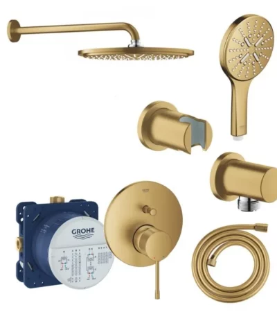 Комплект за баня GROHE ESSENCE Brushed Cool Sunrise - душ система за вграждане с голяма душ глава Rainshower 310 мм със стенно рамо, 26066GN0, смесител, 29119GN0 и ръчен душ SmartActive 130 мм, 26574GN0