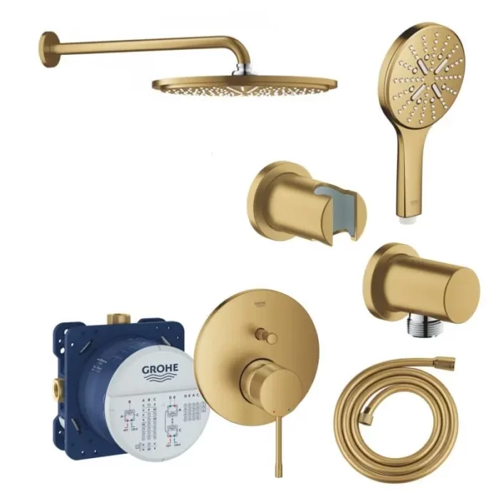 Комплект за баня GROHE ESSENCE Brushed Cool Sunrise - душ система за вграждане с голяма душ глава Rainshower 310 мм със стенно рамо, 26066GN0, смесител, 29119GN0 и ръчен душ SmartActive 130 мм, 26574GN0