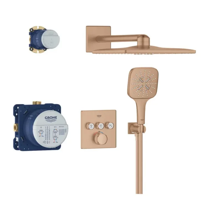 Луксозна душ система за вграждане GROHE Grohtherm SmartControl Cube 34864DL0 в цвят Brushed Warm Sunset – комплект с квадратна душ глава, ръчен душ и термостатен смесител.“