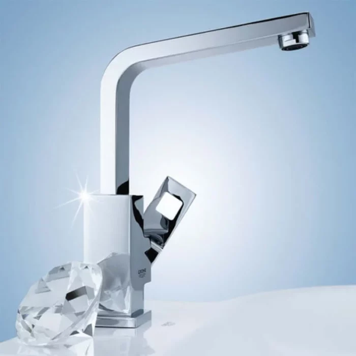 смесител за умивалник, GROHE Eurocube, едноръкохватков смесител, смесител без изпразнител, кубичен дизайн смесител, смесител за баня GROHE, код 2313500E, хромиран смесител за мивка, екоспестяващ вода смесител