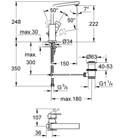 GROHE Eurocube смесител за умивалник, хром, без изпразнител. Кубичен дизайн, EcoJoy водоспестяване и SilkMove комфорт. Код: 2313500E.