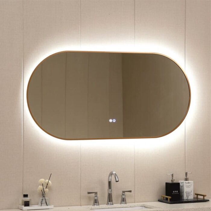 60X120CM, vertical&horisontal optional, 5mm silver mirror copper free, gold aluminous frame, lights on backside, with anti-fog, double round touch switch