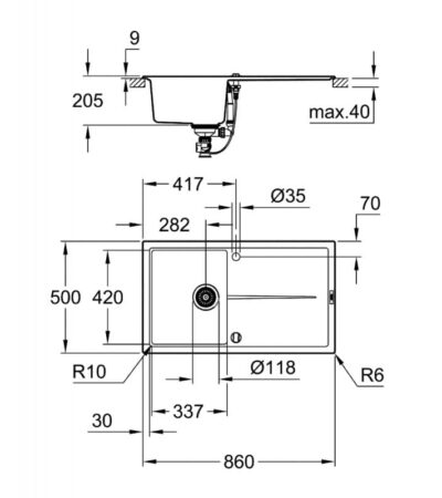 • Модел: K400 50-C 86/50 1.0 rev • Вид монтаж: горен монтаж • Материал: кварцов композит • GROHE Whisper • Мин. размер на шкафа: 500 mm • Размери: 860 х 500 mm • 1 купа: 337 x 420 x 205 mm • Външен радиус: R6, вътрешен радиус на купата: R10 • Инсталационна система GROHE FastFixation • Мивка с възможност за монтиране отляво или отдясно • Изрез: 840 х 480 mm • Сифон: автоматичен изпразнител • Включени аксесоари: автоматичен изпразнител с въртяща се дръжка, • Комплект за отпадъци, кошница цедка за отпадъци, монтажен комплект