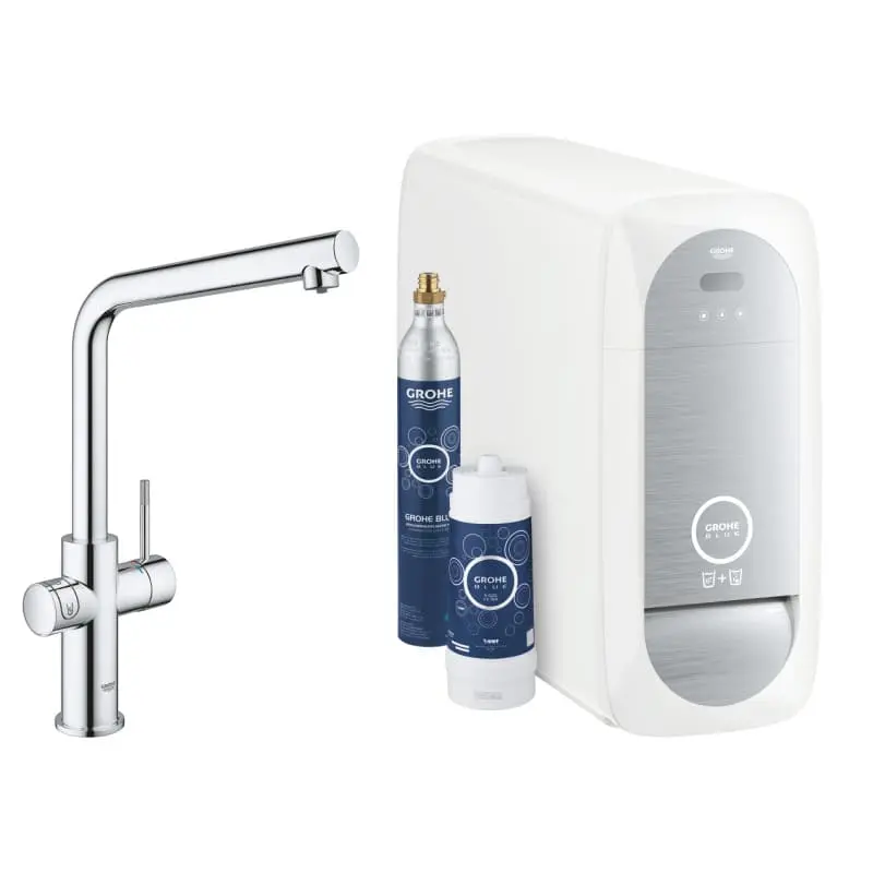 „GROHE Blue Home 31454001 комплект с филтрираща система“ Комплект GROHE Blue Home 31454001 – смесител, охлаждаща система и филтър за пречистване на вода