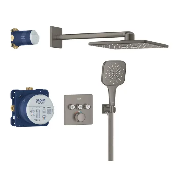 „GROHE Grohtherm SmartControl Cube 34864AL0 – душ система за вграждане Brushed Hard Graphite с квадратен дизайн и два душа“