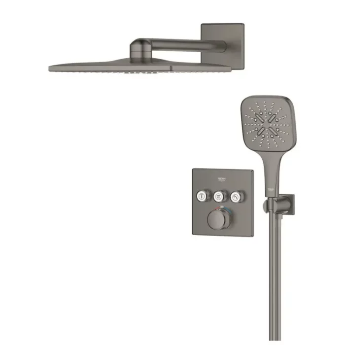 „GROHE SmartControl Cube Brushed Hard Graphite – луксозна вградена душ система с три извода“