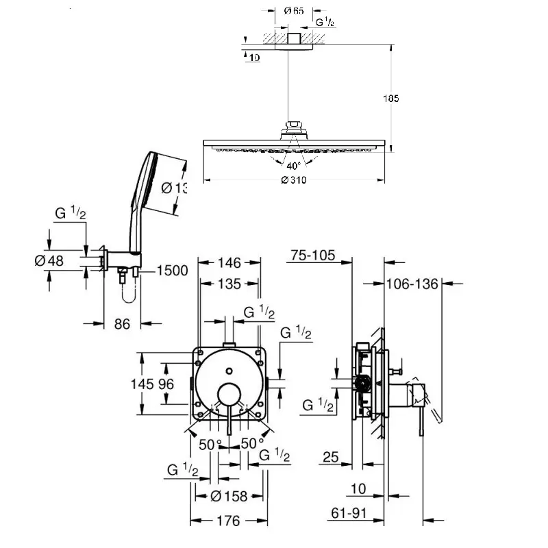 GROHE- Rainshower-Cosmopolitan-310-26067 (1) луксозе душ за вграждане с рамо от тавана